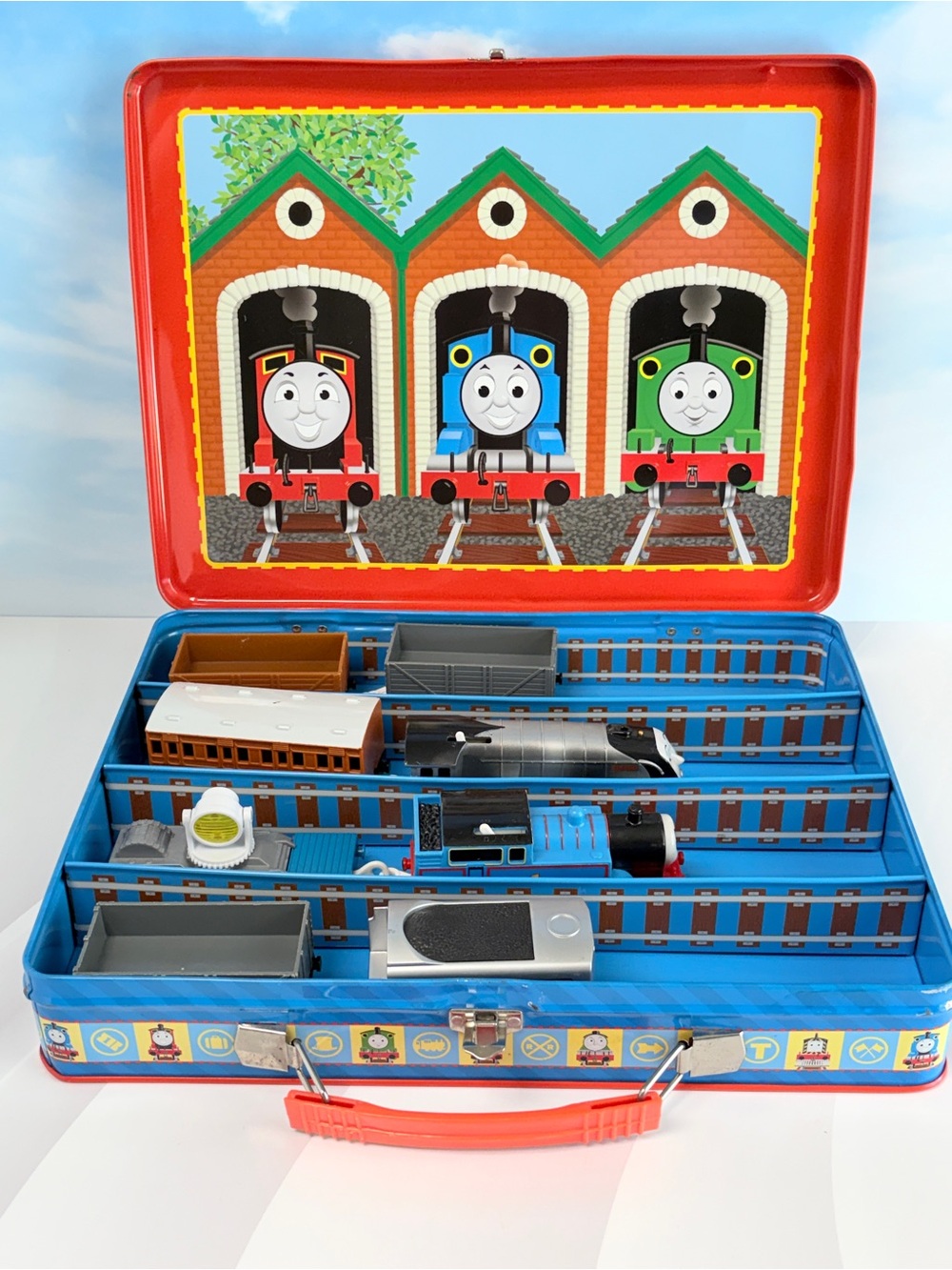Thomas & Friends Tin Carry Case Train Lot w/ Thomas Spencer Cargo Cars & More